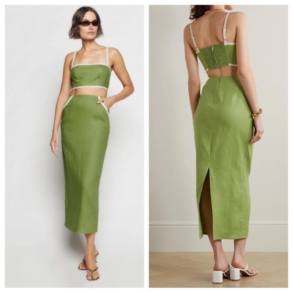 Reformation Elana linem Olive Two-Piece Set with Cream Accents 2255 - Picture 1 of 14